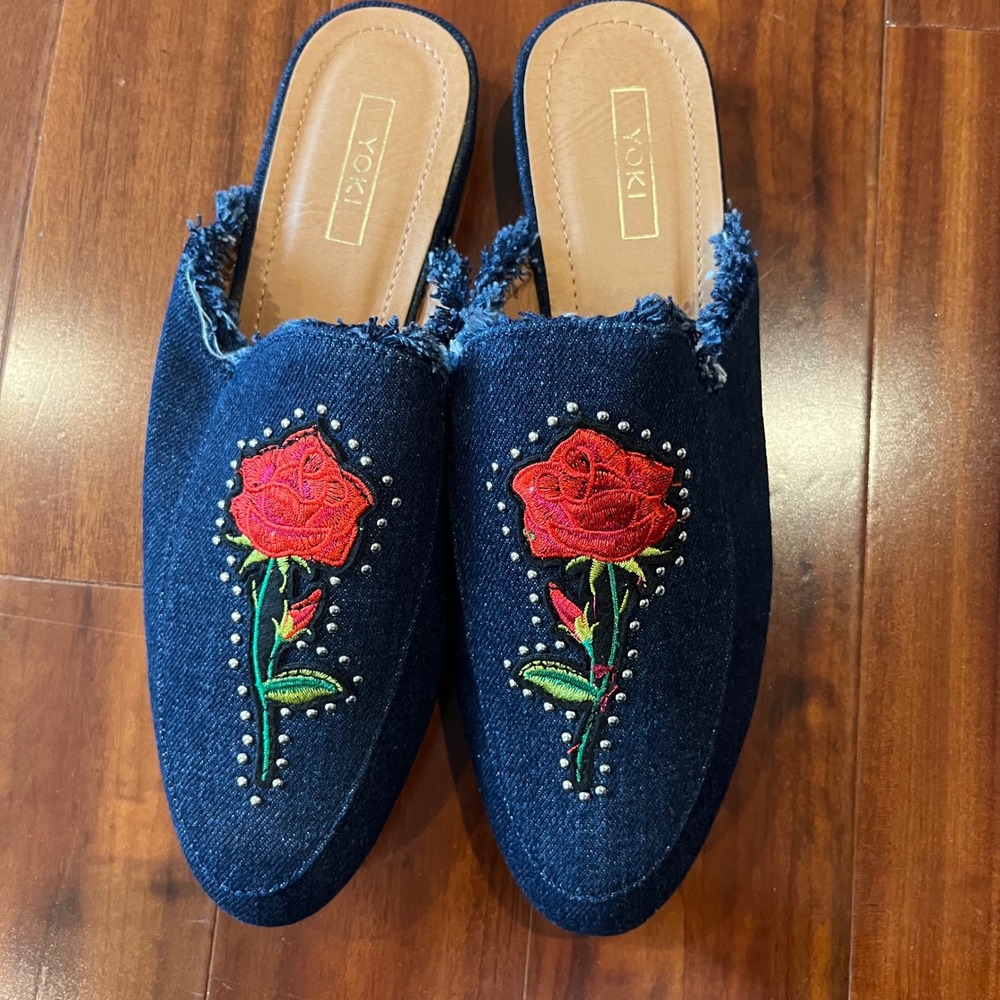 Denim Mule Shoes Rose Embroidered‎ Studs Yoki Willas-71 Dark Blue New Size 9